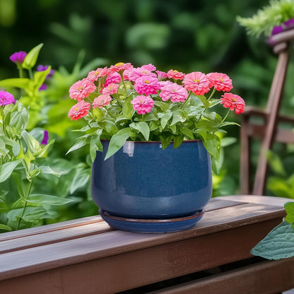 G EPGardening Ceramic Planter 6 Inch - Round Modern Ceramic Pot for Plants with Drainage and Plant Tray Indoor for Flower, Apartment Decor, Housewarming Gifts New Home, Retro Blue