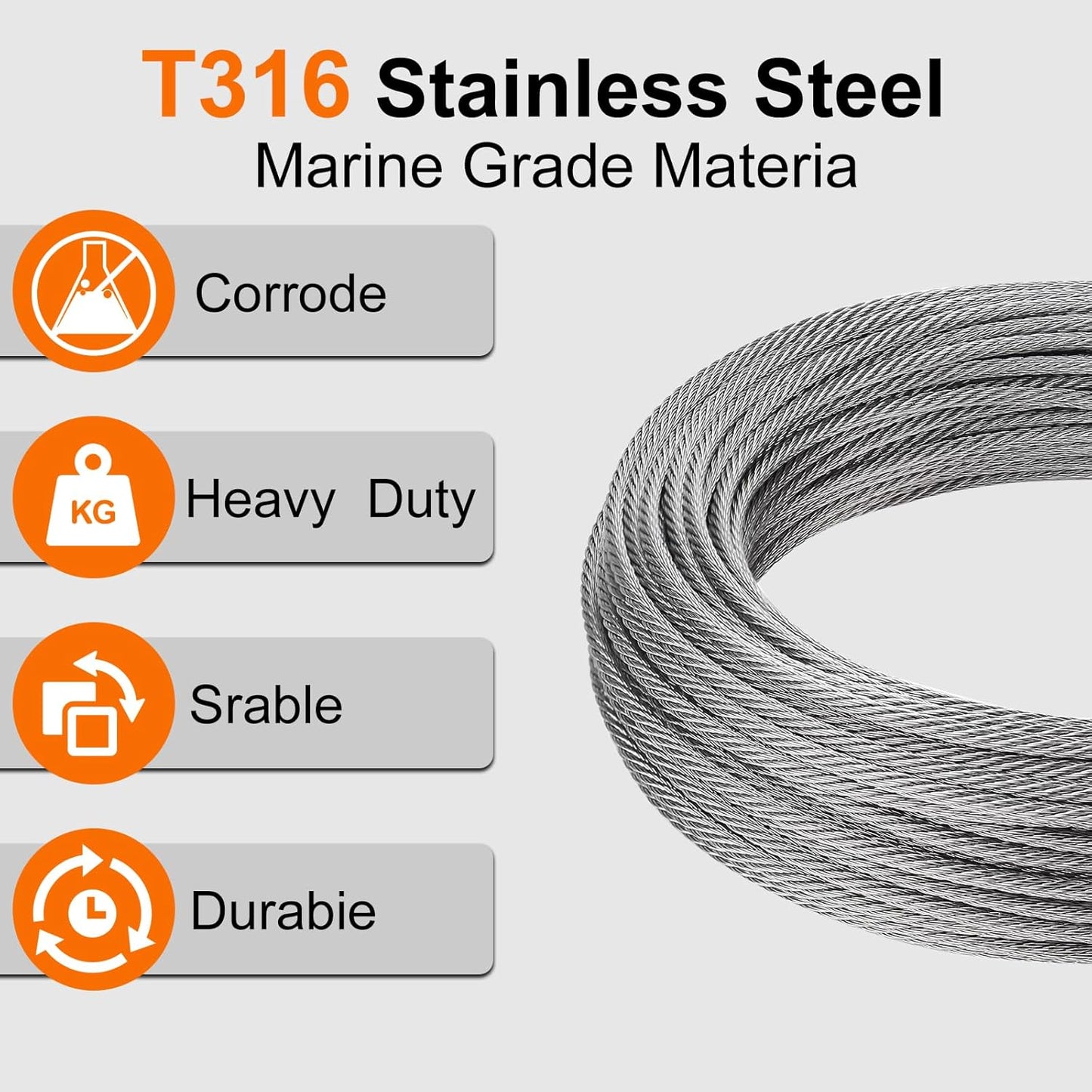 1/8" wire cable, 100ft Wire Rope Metal Cable With Loop Sleeve And Steel Thimble, Outdoor hanging kit, garden fence (SR03-1)