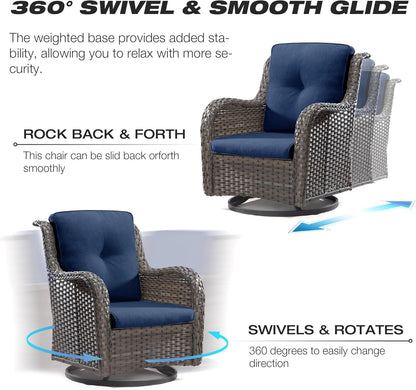 Joyside Outdoor Swivel Rocker Patio Chair and Matching Side Table - 2-Piece Wicker Patio Bistro Set with Premium Fabric Cushions (Brown Mixed with Grey/Blue)