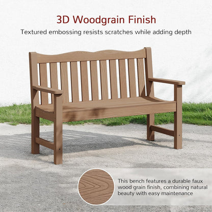 Outdoor Benches Set of 2, 2-Person Poly Lumber Garden Bench, Never Rot or Fade, Looks Like Real Wood, Teak