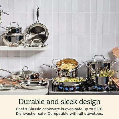 Cuisinart 10-Inch Open Skillet, Stainless Steel Skillet with Lid, Large Kitchen Pan, Dishwasher Safe, Compatible with Induction, Electric, Gas Cooktops, Oven Safe Saucepan, Cool Grip Handles