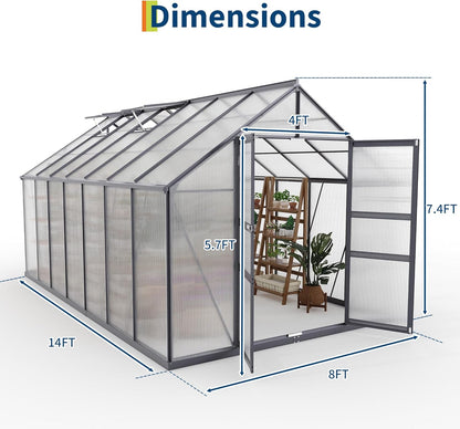 8*14 FT Outdoor Walk-in Greenhouse, Polycarbonate Green House, Heavy Duty Greenhouse with Vented Roof Window, Windproof Aluminum Frame, Suitable for Outside Gardening, Backyard, Patio