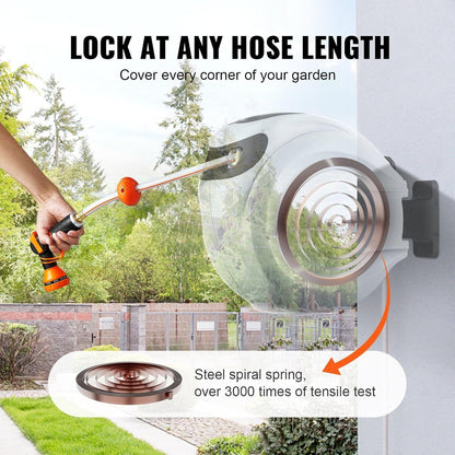 65' x 5/8" Retractable Hose Reel Wall-Mounted with 180° Swivel–Heavy-Duty Automatic Water Hose Storage for Garden,Yard,and Outdoor Use