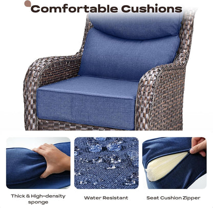 4 Piece Outdoor Patio Swivel Rocker Chairs, Waterproof Wicker, High Back, Deep Seating, Wide Armrest, Upgraded 6 inch Thick Cushions, Ideal for Deck Porch Backyard, Brown/Blue