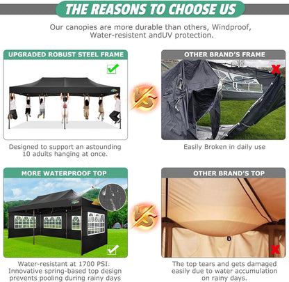 COBIZI 10x20 Pop Up Canopy Heavy Duty with 6 Sidewalls, Commercial Heavy Duty Pop Up Tent for Parties All Weather Waterproof and UV 50+ Wedding Tent with Roller Bag(Legs Upgraded),Black