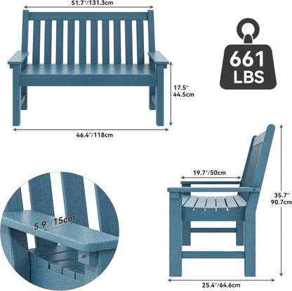 YITAHOME HDPE Garden Bench, All Weather Outdoor Bench w/Max Bearing 661LBS, 2-3 Persons Patio Bench Fade/Rot Resistance for Park, Porch, Patio & Backyard, Blue