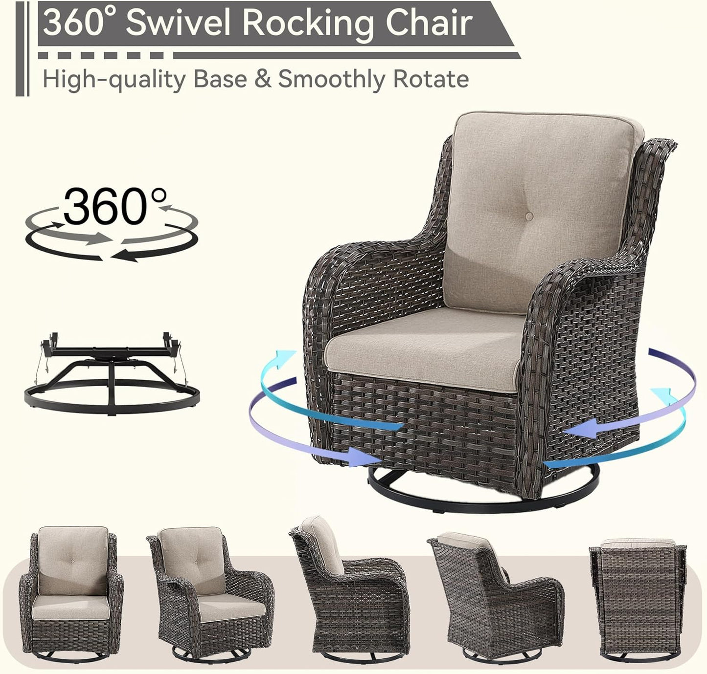 Outdoor Swivel Rocker Patio Chairs Set of 2 - Outdoor Wicker Patio Conversation Sets 2 Pieces with Olefin Fabric Cushions Suitable for Backyard Deck and Porch, Beige
