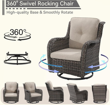 5 Pieces Outdoor Patio Furniture Set - Conversation Set Includes Wicker Swivel Rocker Chairs Set of 2, 2 Ottoman, 3 Seat Sofa, Suitable for Porch, Yard, Mixed Brown Rattan, Beige