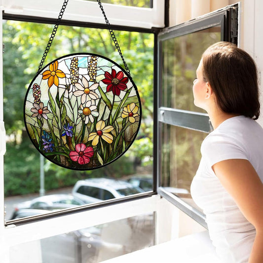 Stained Glass Window Hanging, Colorful Wildflowers Plant Scenery Suncatcher for Doors Window Home White Green Sun Catchers Decor Mother's Day Birthday Gifts for Women, Men Mom 15 in