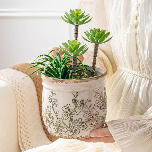 Set of 2 Ceramic Planters for Indoor Plants, 4.7+5.7 Inch Vintage Pots without Drainage Hole , Pastoral Rustic Planter Set, Decorative Ceramic Plant Pots for Flower, Indoor Planter Pots for Home Decor