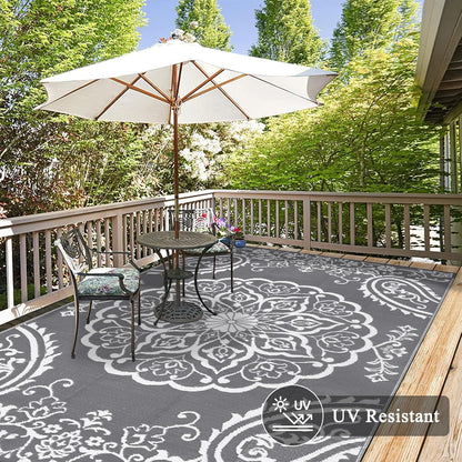 Pauwer Waterproof Outdoor Rug 6x9, Reversible Plastic Straw Patio Camping Rug, Indoor Outdoor RV Mat Carpet for Deck, Camper, Porch, Balcony, Backyard, Picnic, Boho Grey
