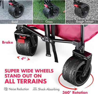 VILLEY Collapsible Folding Wagon with Big Wheels, Enlarged 225lbs Capacity, All Terrain Wagons Carts Heavy Duty Foldable, Portable Utility Garden Cart with 2 Cup Holders and Brake, Pink