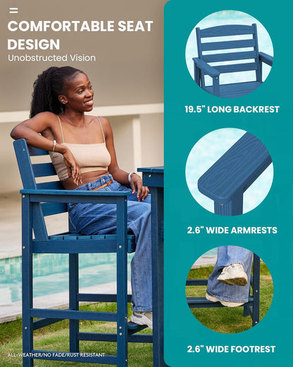 SERWALL Outdoor Bar Table and Chairs Set, Adirondack Bar Chairs Set of 2 and Bar Height Table, All Weather HDPE Outdoor Patio Bar Set, Outdoor Furniture for Outside, Poolside, Backyard, Garden, Blue