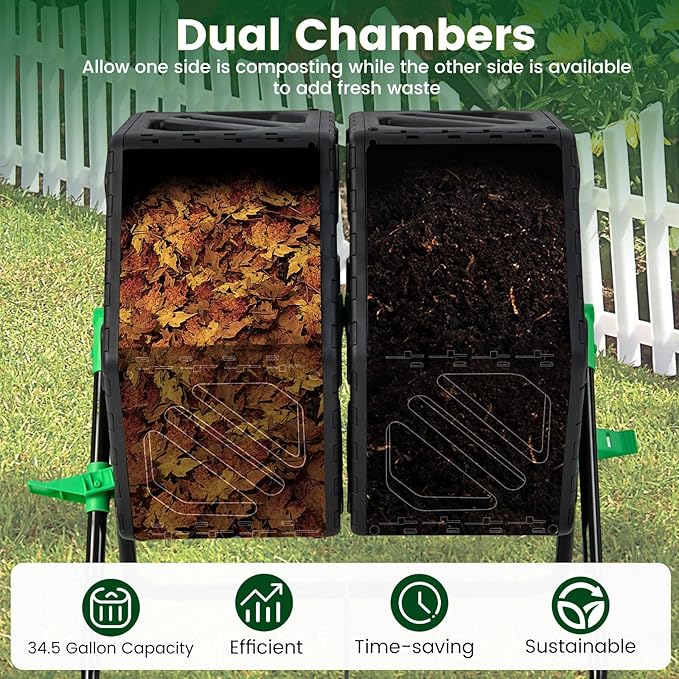 Dual Chamber Outdoor Compost Tumbler, Heavy-Duty Rotating Composter with Aeration & 2 Sliding Doors, 34.5 Gallon Composting Bin for Garden Kitchen Yard Waste