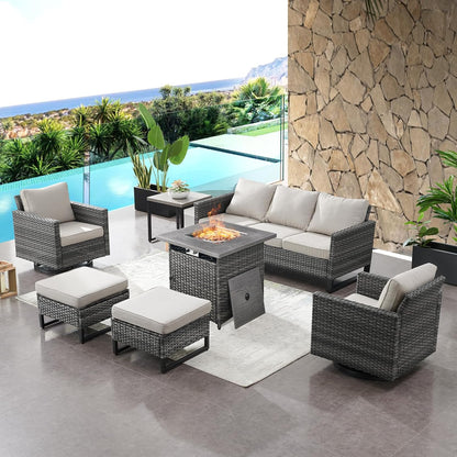 HUMMUH 7 Piece Patio Furniture with Fire Pit 30in 55,000 BTU,PE Wicker Outdoor Conversation Sets - Couch,Patio Swivel Chairs and Ottomans,Side Table for Porch,Garden,Backyard