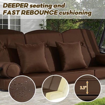 3 in 1 Outdoor Porch Swing with Canopy, 3 Seat Outdoor Swing for Adults, Patio Swing Chair with Thickened Cushions,Pillows & Cup Holders for Backyard, Porch, Garden (Brown)