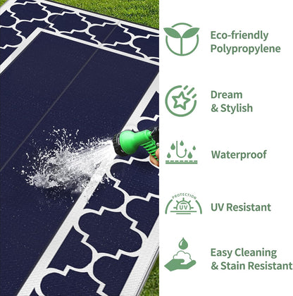 GENIMO 10 ' x 20 ' Outdoor Rug Waterproof for Patio Decor, Foldable Reversible Plastic Straw Area Rugs Mat for Camper, Outside Carpet for Rv, Deck, Porch, Picnic, Beach, Balcony, Blue & White