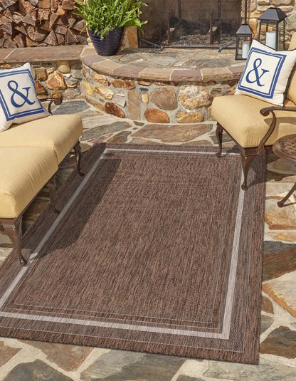 Unique Loom Outdoor Border Collection Area Rug - Soft Border (10' x 14' 1" Rectangle Brown/Ivory)