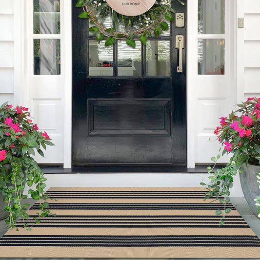 IOHOUZE Black and Tan Striped Rug 2.3'x3.6' Front Door Rugs Outdoor, Small Washable Area Rug for Front Porch, Spring Summer Welcome Mats Outdoor Indoor, Doormat for Entryway Porch Entrance