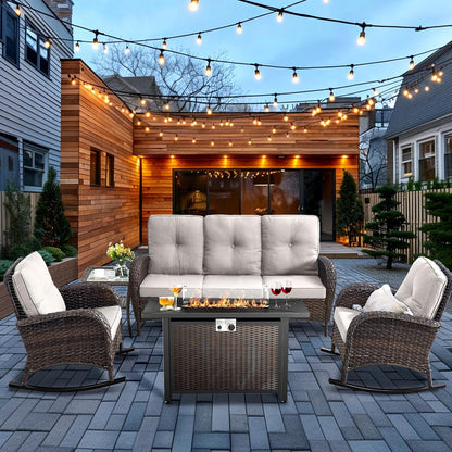 HUMMUH 5-Piece Patio Furniture Set with Fire Pit,Wicker Outdoor Rocking Chairs Patio Sofa for Backyard,Poolside,Deck