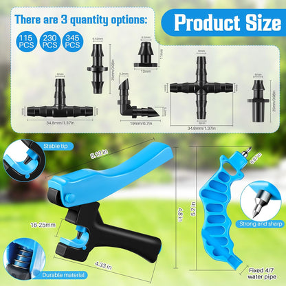 Feekoon Drip Irrigation Punch Hole Tubing Cutter Tools with Barbed Connectors, 2-in-One Drip Tubing Hole Punch for 1/4 Inch Fitting 16 20 25 mm PE Pipe and Emitter(115 Irrigation Plugs)
