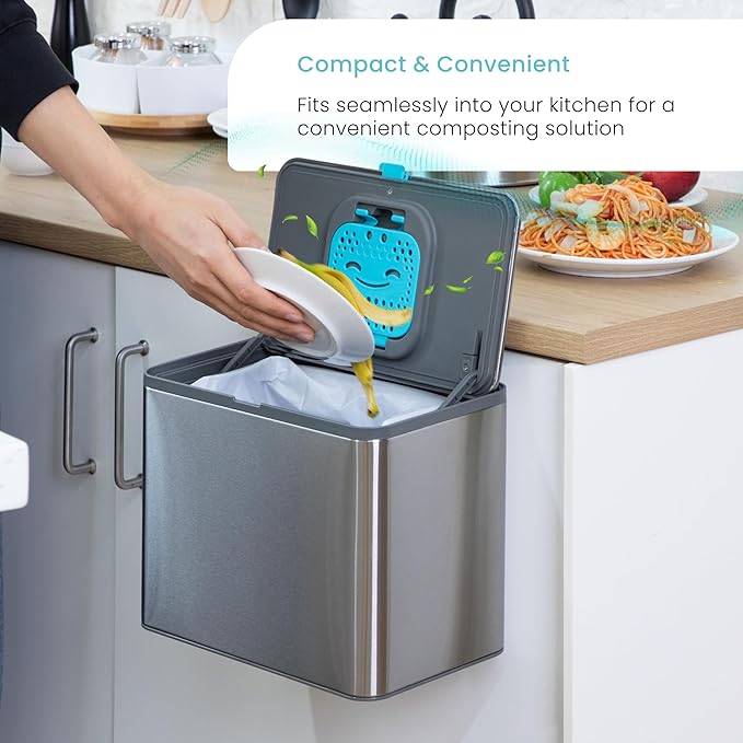 Home Zone Living Kitchen Compost Bin with CleanAura, Stainless Steel, Small and Compact Design, Includes Placement Attachments, 5 Liter Capacity, Silver