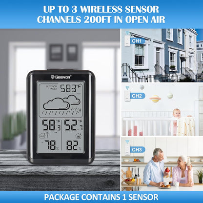 Geevon Indoor Outdoor Thermometer Wireless 200ft/60m, Digital Temperature Humidity Monitor with Large Display, Hygrometer with Weather, 3 Channel, Mold/Dew/Heat, 10s Backlight