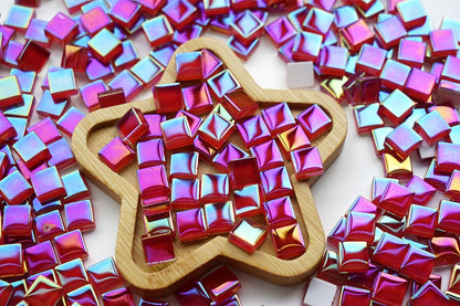 0.66lbs Ruby Red Iridescent Mosaic Tiles, 3/8" Square Glass Pieces With Smooth Edges, Ideal for Making Supplies, Small Colored Glass Tiles for DIY Coaster Projects