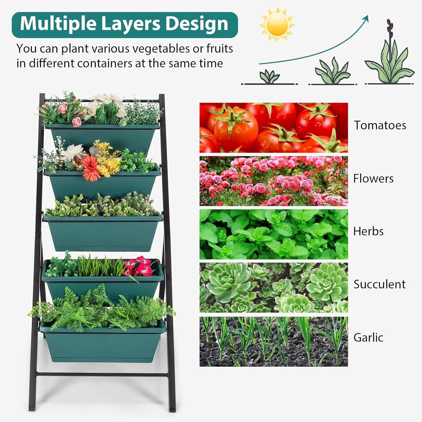 Giantex Vertical Planter Raised Bed, Elevated Garden Beds with Water Drainage Hole, Freestanding 5 Container Boxes for Herb Vegetables Flowers Growing, Outdoor Indoor Patio Balcony (Green, 1)