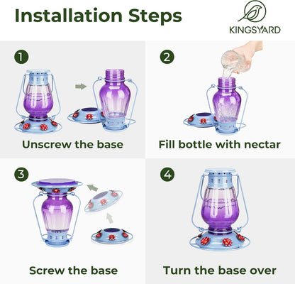 Kingsyard Glass Hummingbird Feeder for Outdoors Hanging - Vintage Lantern Style Leak-Proof Humming Bird Nectar Feeder with 6 Feeding Ports & Ant Moat for Outdoor Garden Decor, 24 Ounce, Purple