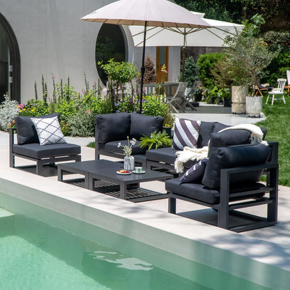 6 Pieces Outdoor Modular Sectional Set Aluminum Patio Conversation Sofa Sets with Armless Sofas, Square Coffee Table, Dark Grey Cushions