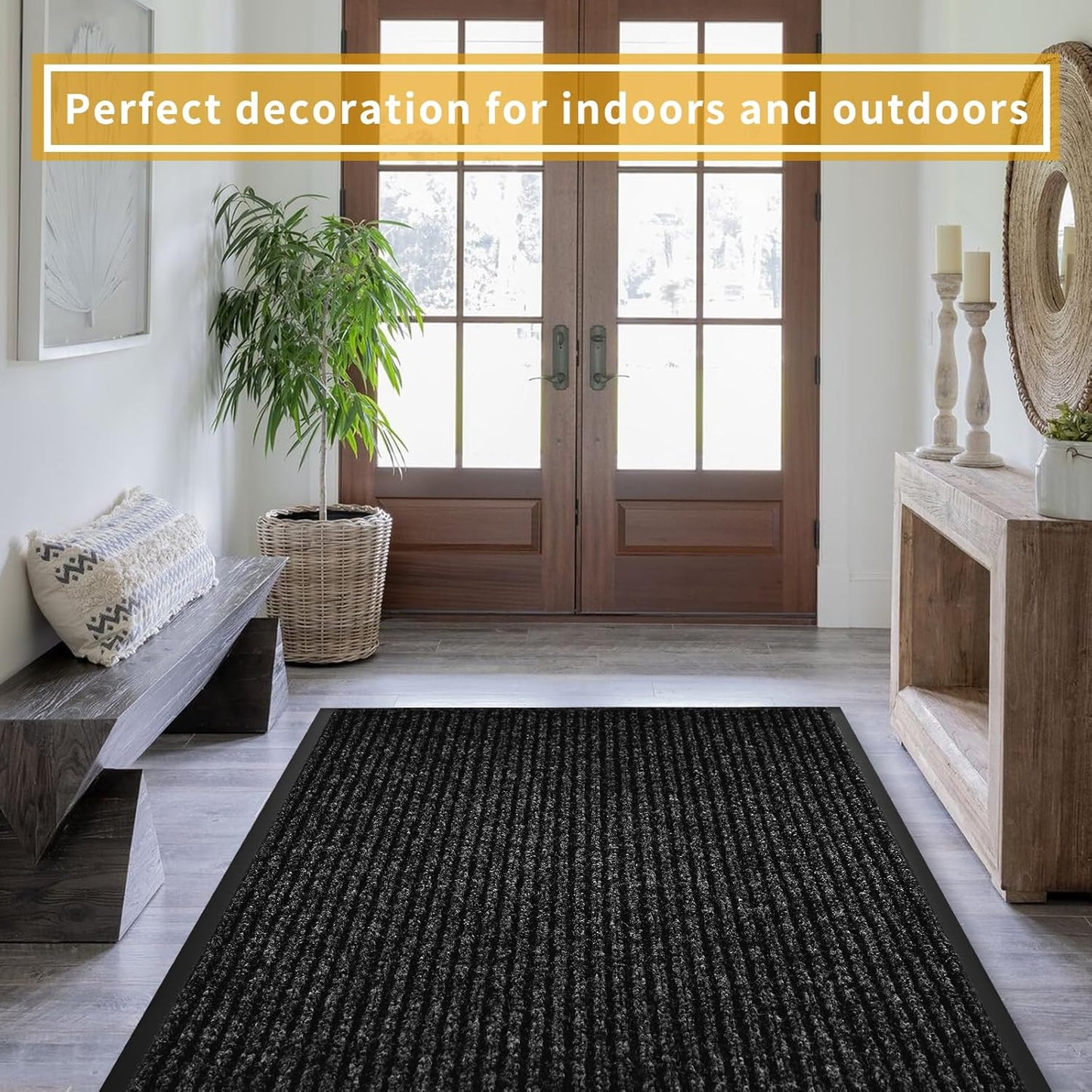 fani Heavy Duty Large Outdoor Indoor Entrance Black Doormat Waterproof Low Profile Entrance Rug Front Door Mat Patio Anti-Skid Rubber Back, 48x120 inch (Black)