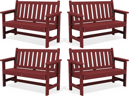 SERWALL Outdoor Bench, HDPE Outdoor Benches Weatherproof, 2-Person Garden Bench with 660 lbs Weight Capacity, Patio Benches for Outdoors, Garden, Porch, Backyard and Park, Red, 4 Pack