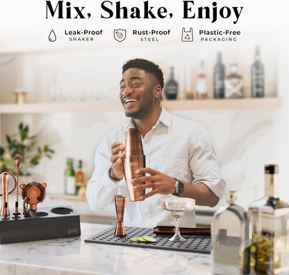 BARE BARREL® Mixology Bartender Kit Bar Set | 14-Piece Cocktail Shaker Set | Martini Barware Mixing Tools for Home Bartending | Incl. 35 Recipe Cards | Gift Set (28oz Boston Shaker, Copper/Black)