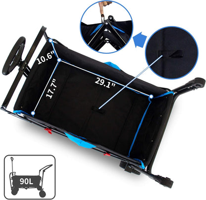 TMZ All Terrain Wide Wheel Utility Folding Wagon, Collapsible Garden Cart, Heavy Duty Beach Wagon Trolley with Adjustable Push Handle and Brake, 90 L Storage, Load of 120KG(Black/Blue)