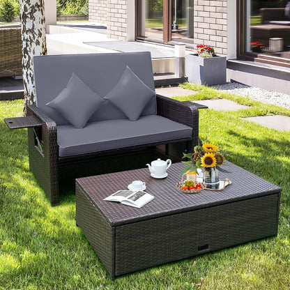 Tangkula Patio Rattan Daybed Set, Wicker Loveseat Sofa w/Multipurpose Ottoman & Retractable Side Tray, 4-Level Adjustable Backrest, Footstool w/Storage, Seat & Back Cushion Included