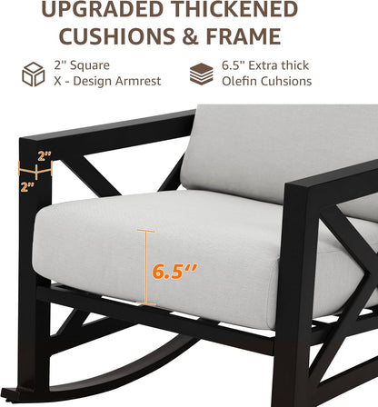 NATURAL EXPRESSIONS Patio Rocking Bistro Set, 3 Piece Outdoor Conversation Furniture Set with 2 Rockers and 1 Metal Coffee Table with Thick Cushions,2 Pack Patio Chair Covers Included