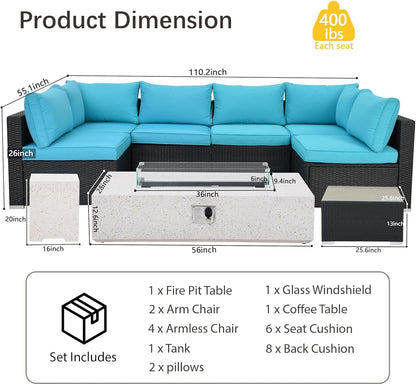 8 Piece Patio Furniture Set - Outdoor Conversation Sets with 56" Fire Table and Coffee Table, Rattan Modular Sofa Set for Garden/Poolside, Blue/Black