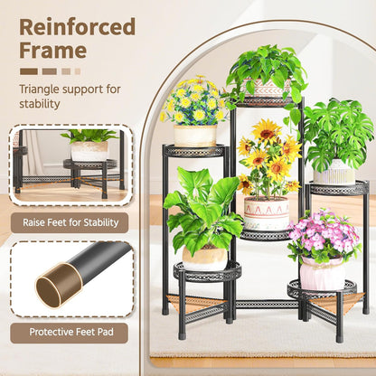 LASZOLA 6 Tiered Folding Tall Plant Stand Indoor Outdoor for Large Planter, Heavy Duty Metal Adjustable Multiple Flower Rack for Corner, Wrought Iron High Spiral Holder for Modern House Patio, Black