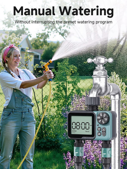 Sprinkler Timer 2 Zone, Programmable Water Timer for Garden Hose with Rain Delay, Manual and Automatic Irrigation Controller System, Waterproof Water Hose Timers for Yard, Lawn, Pool