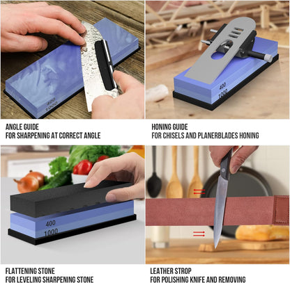 Knife Sharpening Stone Set - Premium 4 Side Grit 400/1000 3000/8000 Whetstone Sharpener Kit - Non-Slip Bamboo Base,Cut Resistant Gloves, Angle Guide,Flatting Stone,Honing Guide,Leather Strop