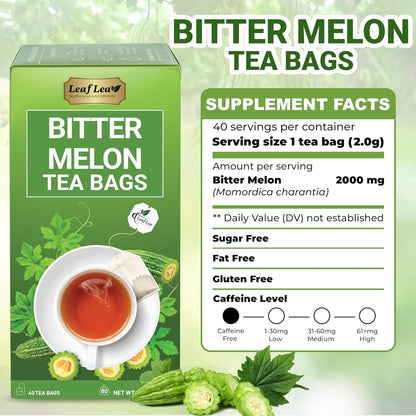 LeafLea Natural Bitter Melon Tea Bags, 40 Cundeamor Herbal Tea Bags – Melon Amargo Gohyah Fruit Tea | Wellness & Digestion Support | Caffeine-Free, Non-GMO, Sugar-Free, Vegan