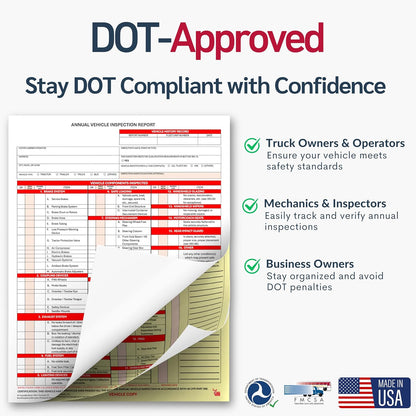 50 Pack 3-Ply Carbonless Annual Vehicle Inspection Report Forms with FMCSA 2-Ply Mylar Laminate Adhesive Vinyl Labels, DOT Inspection Forms and Stickers, Shrink-Wrapped, 8.5" x 11.75" - Made in USA