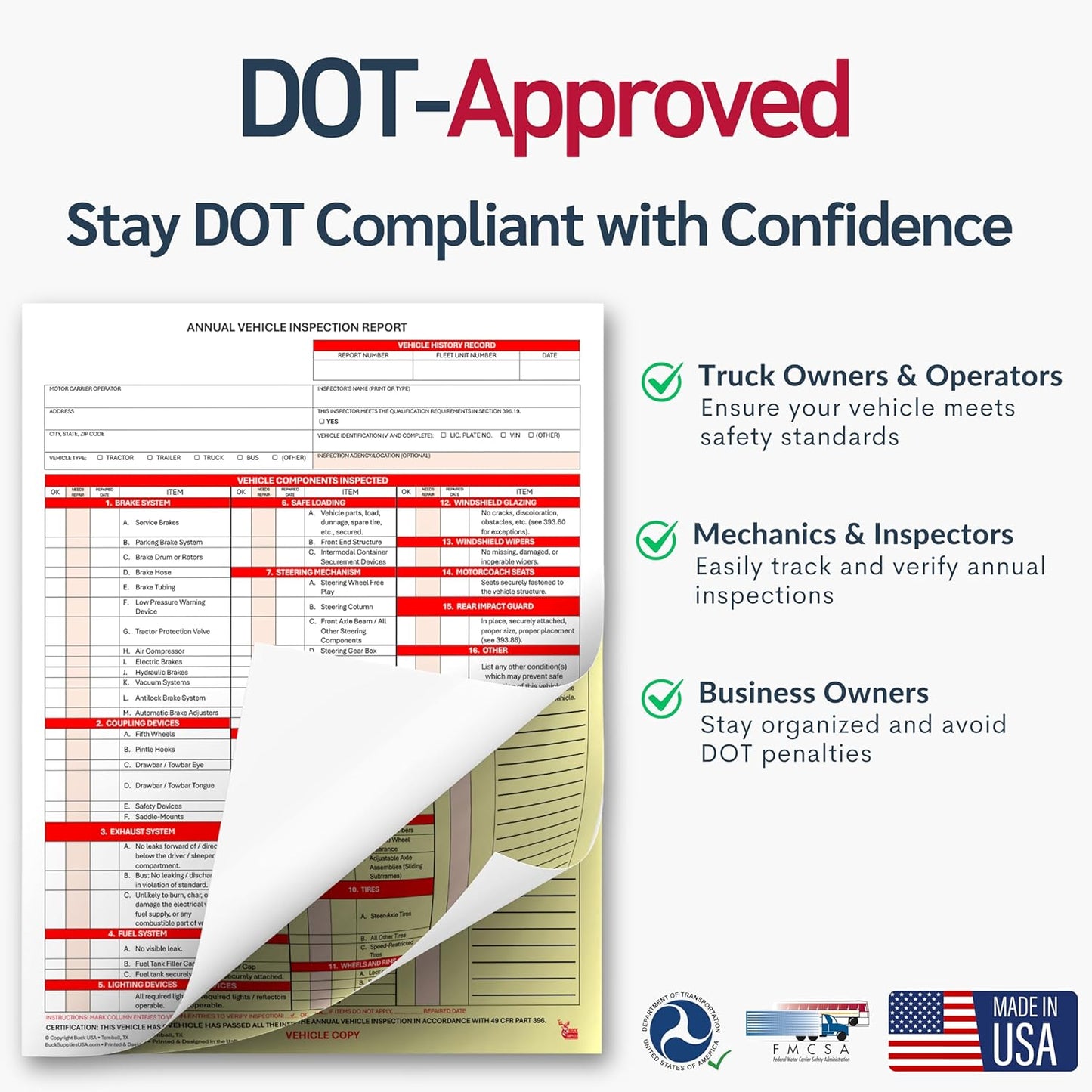 25 Pack 3-Ply Carbonless Annual Vehicle Inspection Report Forms with FMCSA Red Aluminum Labels & White Mylar Laminate Vinyl Labels, DOT Inspection Forms and Stickers, Shrink-Wrapped, 8.5" x 11.75"