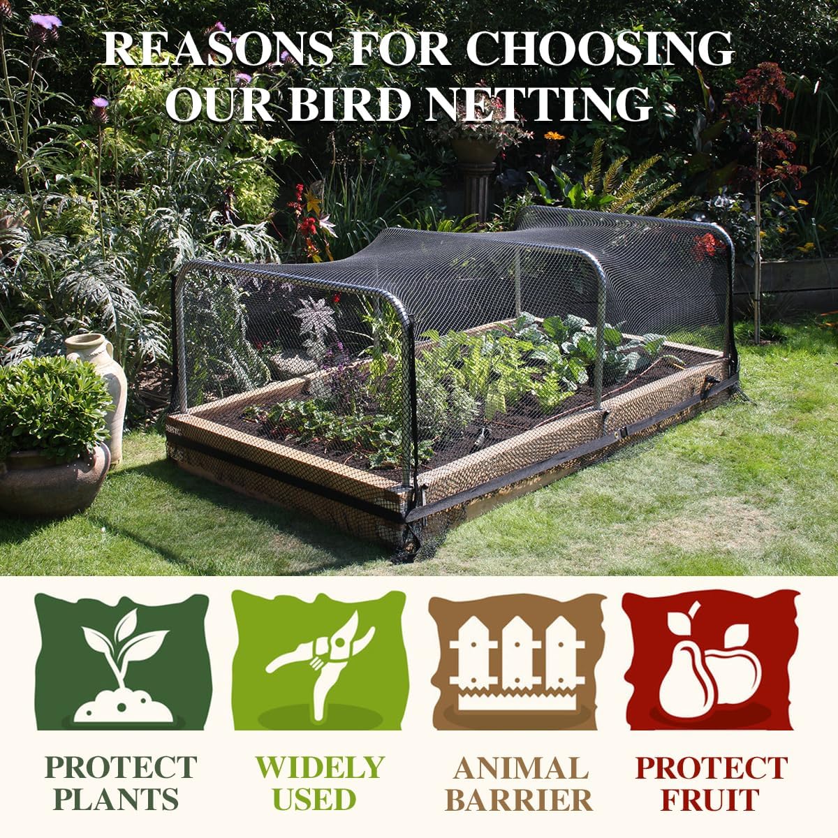 Bird Netting，15 x 15 FT Garden Netting Bird Net for Chicken Coop, Poultry Netting Fence for Fruit Trees, Plants and Vegetables Against Birds, Deer, Squirrels and Other Animals