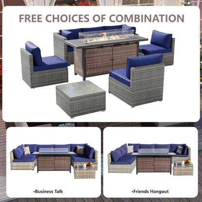 25-Pc Patio Furniture Set - 7 Piece Outdoor Rattan Sofa Set with 57" Fire Table and 17 Accessories, Modular Sofa Set for Garden/Poolside, Navy Blue/Grey