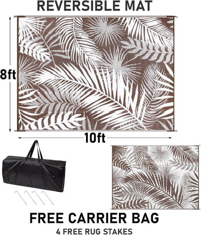 Outdoor Rug Waterproof for Patios Clearance, Reversible Outdoor Plastic Straw Rug Camping Carpet, Outside Floor Mats Large Area Rugs for RV,Patio,Deck,Porch,Beach,Balcony，10'x8',Brown&White