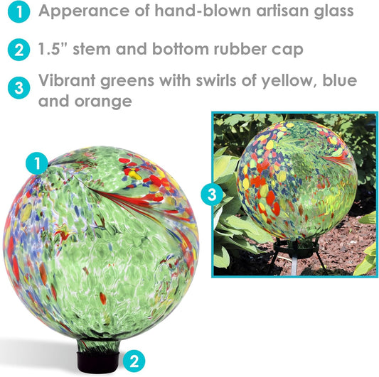 Sunnydaze 10-Inch Gazing Ball for Garden - Glass Gazing Globe for Outside - Garden Orb Yard Decor - Green Artistic - Set of 2