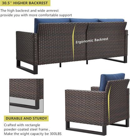 HUMMUH 10 Piece Patio Furniture Set PE Wicker 3 Outdoor Sectional Sofa Set with Patio Chairs Dinning Table Ottomans for Porch,Garden,Backyard,Deck(Brown/Blue)