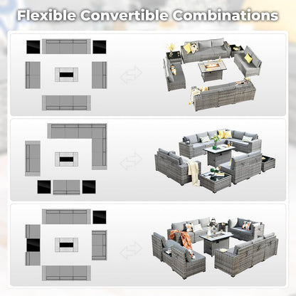 ovios 13 Pieces Patio Furniture Set, Outdoor Wicker Sectional Sofa with 42 Inch Fire Pit Table Comfy Cushions, Modern Modular Deep Seat Rattan Couch Conversation Set, Dark Grey
